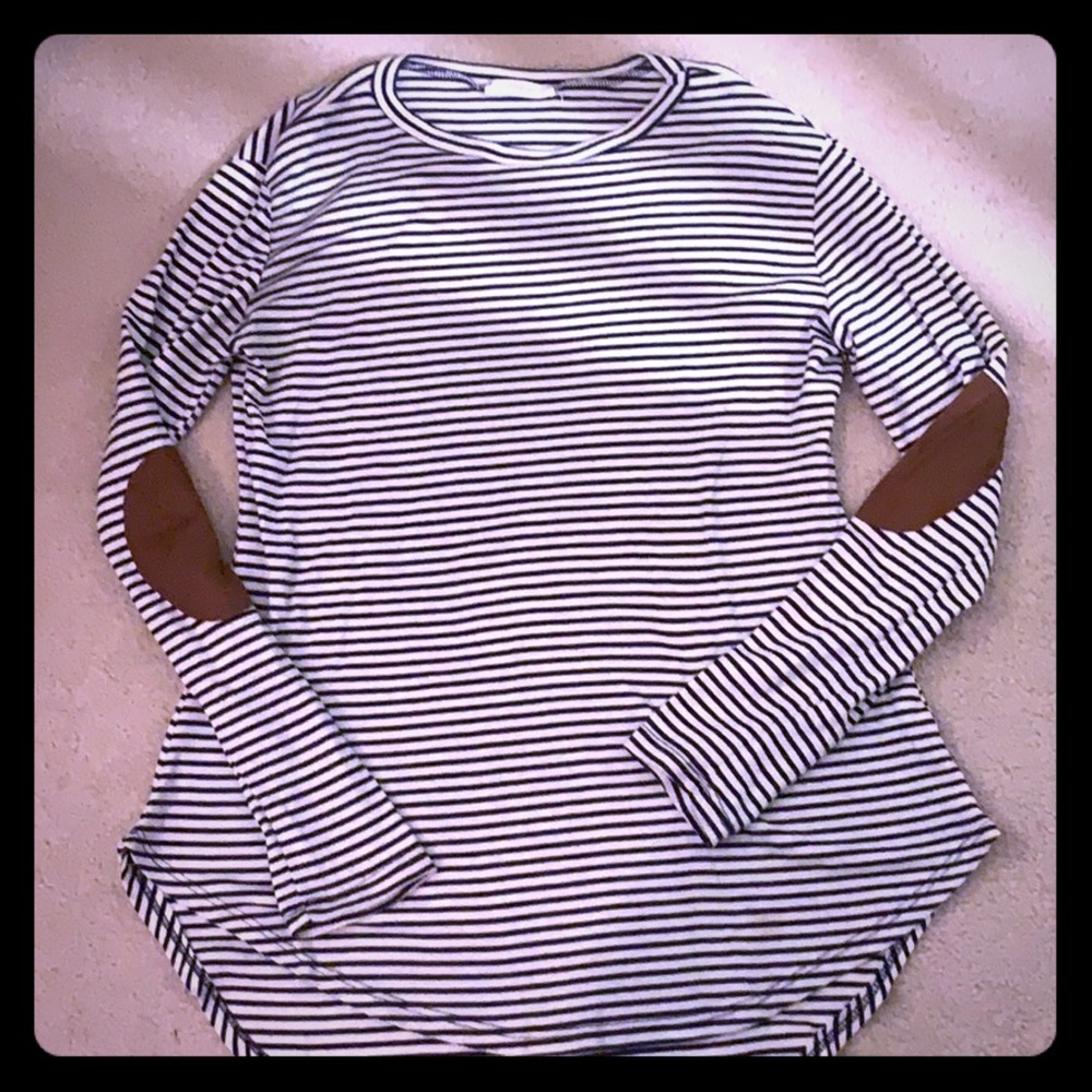 Navy and white striped tunic with elbow patches